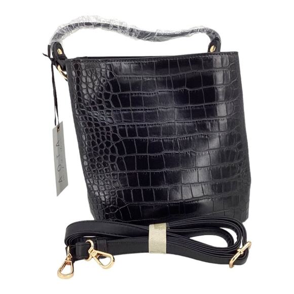 AOTA Elena Black Croc Top Handle Bucket Bag & Crossbody Strap NWT $188 MSRP - Picture 3 of 9
